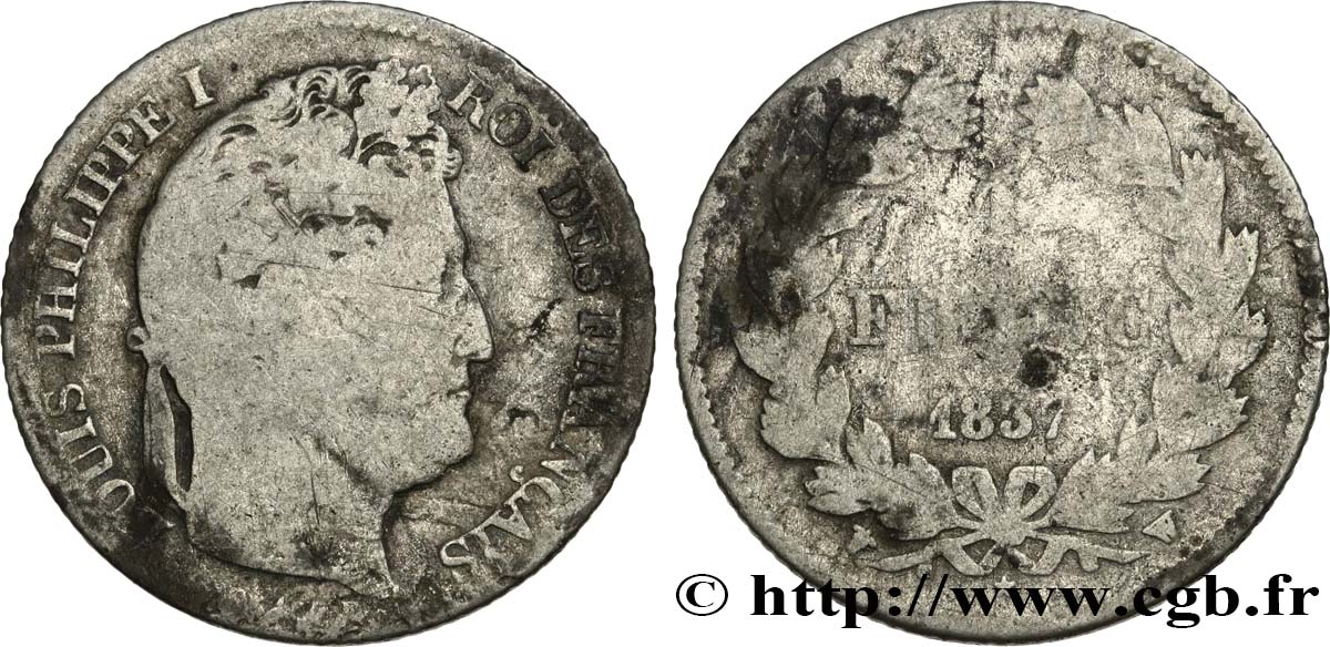 1 franc Louis-Philippe, couronne de chêne 1837 Lille F.210/61 G6 