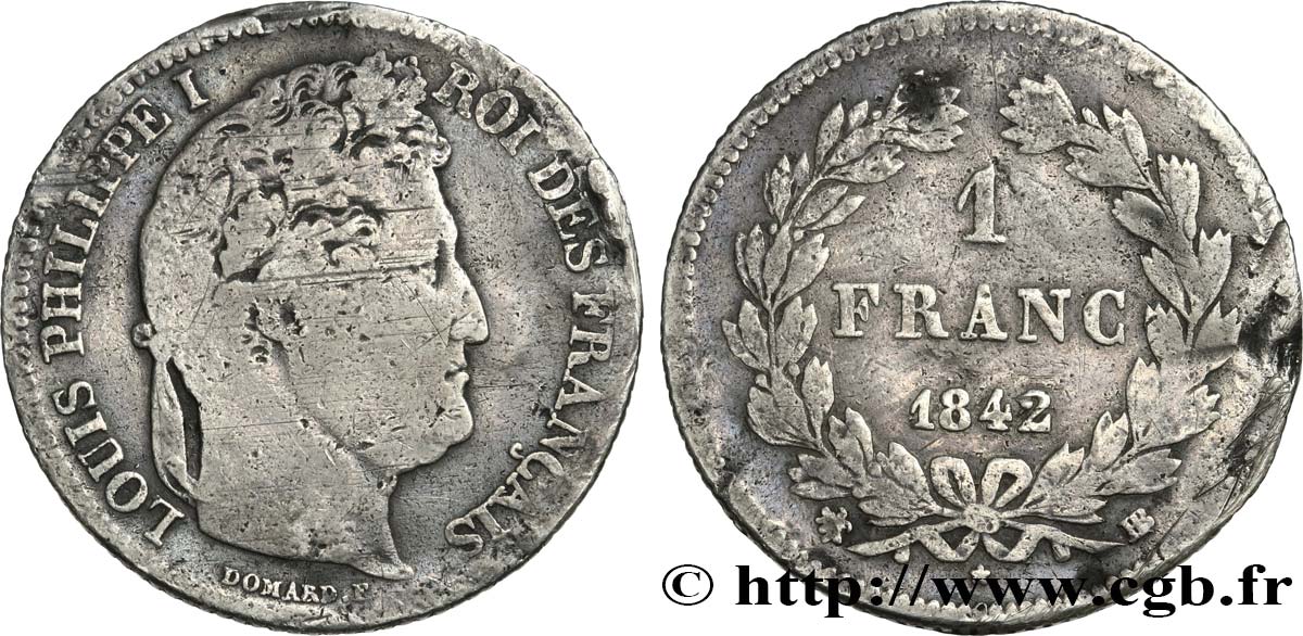 1 franc Louis-Philippe, couronne de chêne 1842 Strasbourg F.210/87 B+ 