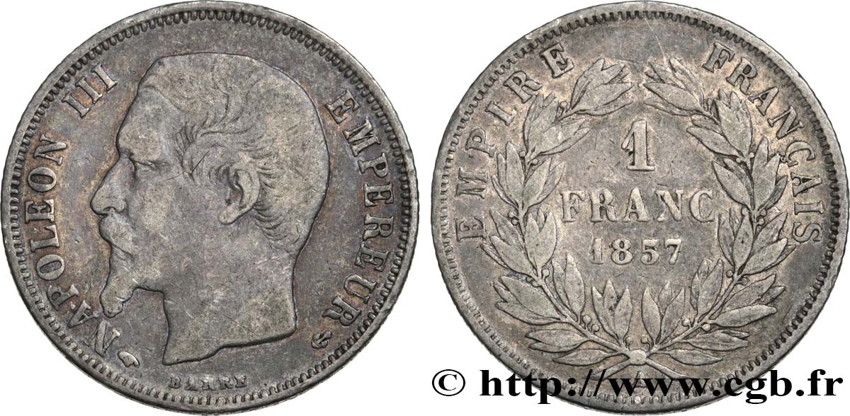 1 franc Napoléon III, tête nue 1857 Paris F.214/10 VF25 