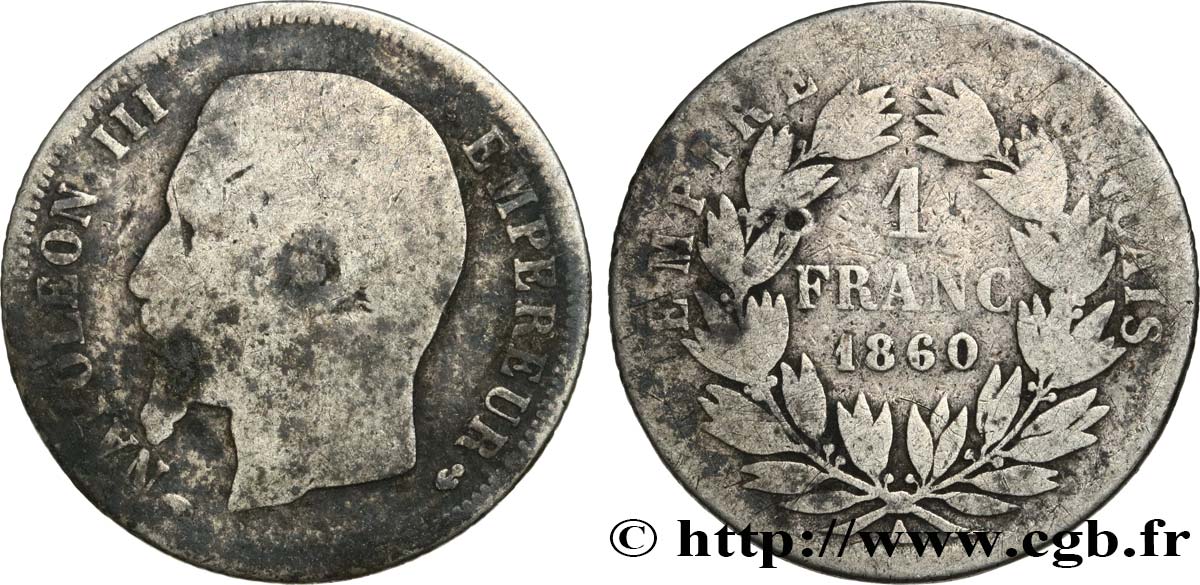 1 franc Napoléon III, tête nue 1860 Paris F.214/14 VG 