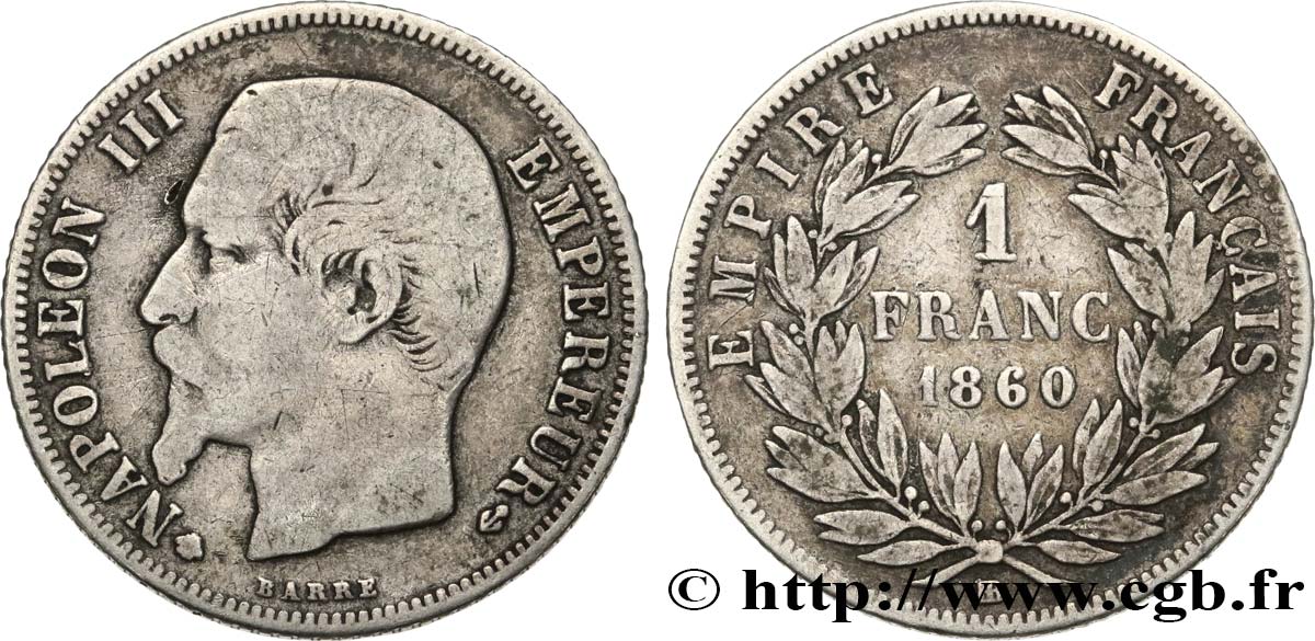1 franc Napoléon III, tête nue 1860 Strasbourg F.214/17 S20 