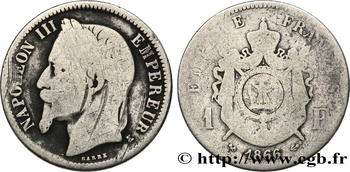 1 franc Napoléon III, tête laurée 1866 Bordeaux F.215/5 VG 