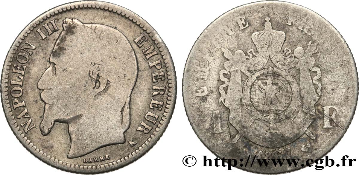 1 franc Napoléon III, tête laurée 1867 Bordeaux F.215/9 VG8 