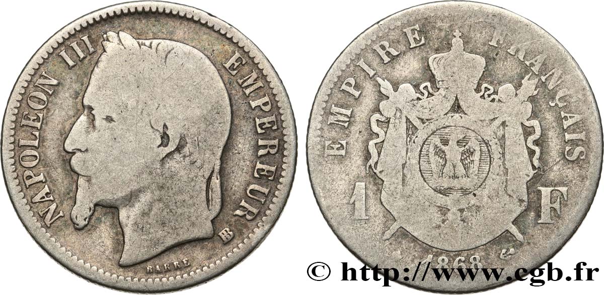 1 franc Napoléon III, tête laurée 1868 Strasbourg F.215/12 VG8 