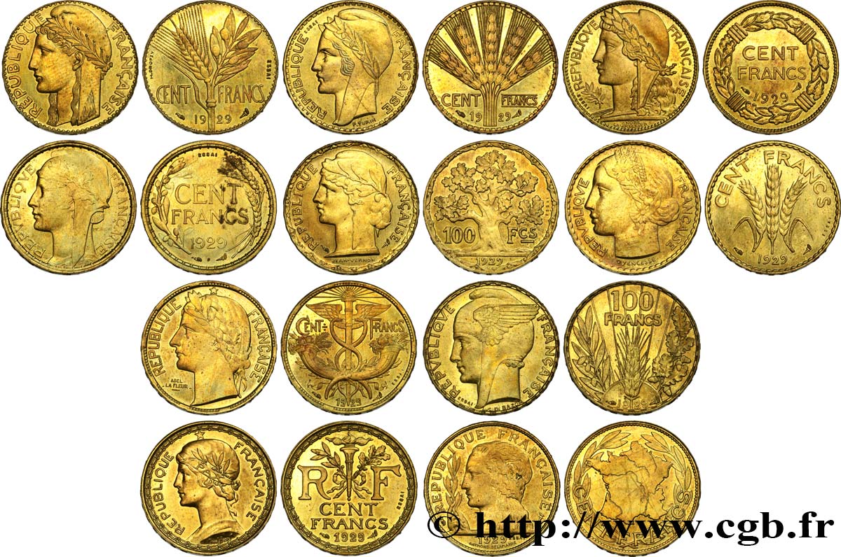 Série des dix essais du concours de 100 francs or, en Cupro-Aluminium 1929 Paris GEM.279 à 288  EBC+/SC 