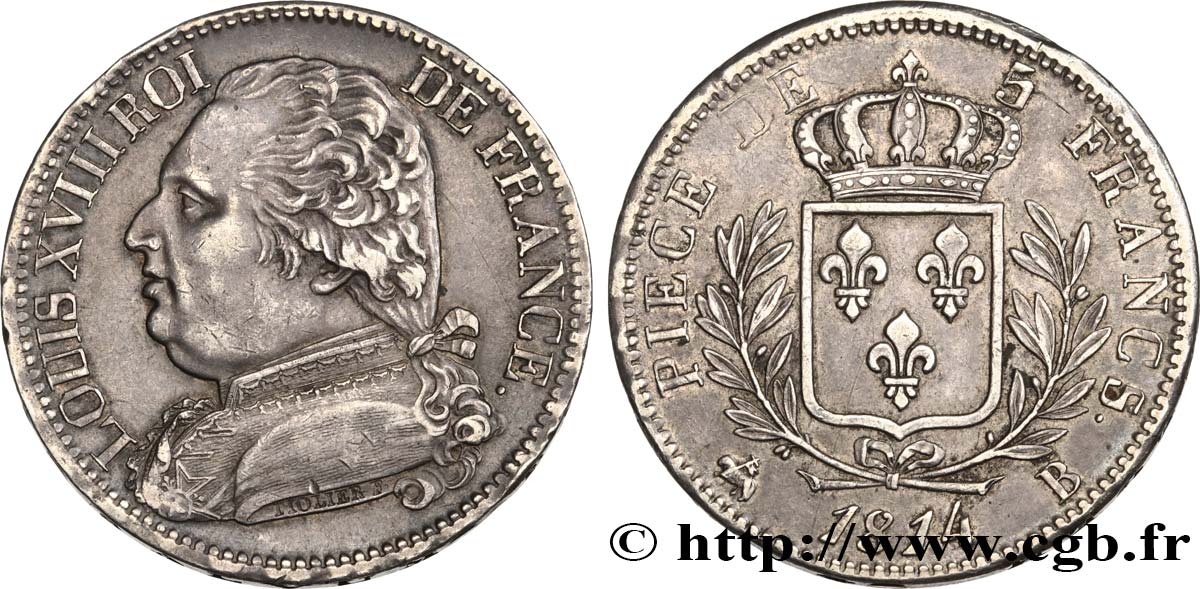 5 francs Louis XVIII, buste habillé 1814 Rouen F.308/2 TTB53 