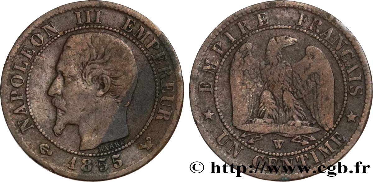 Un centime Napoléon III, tête nue 1855 Lille F.102/25 S 