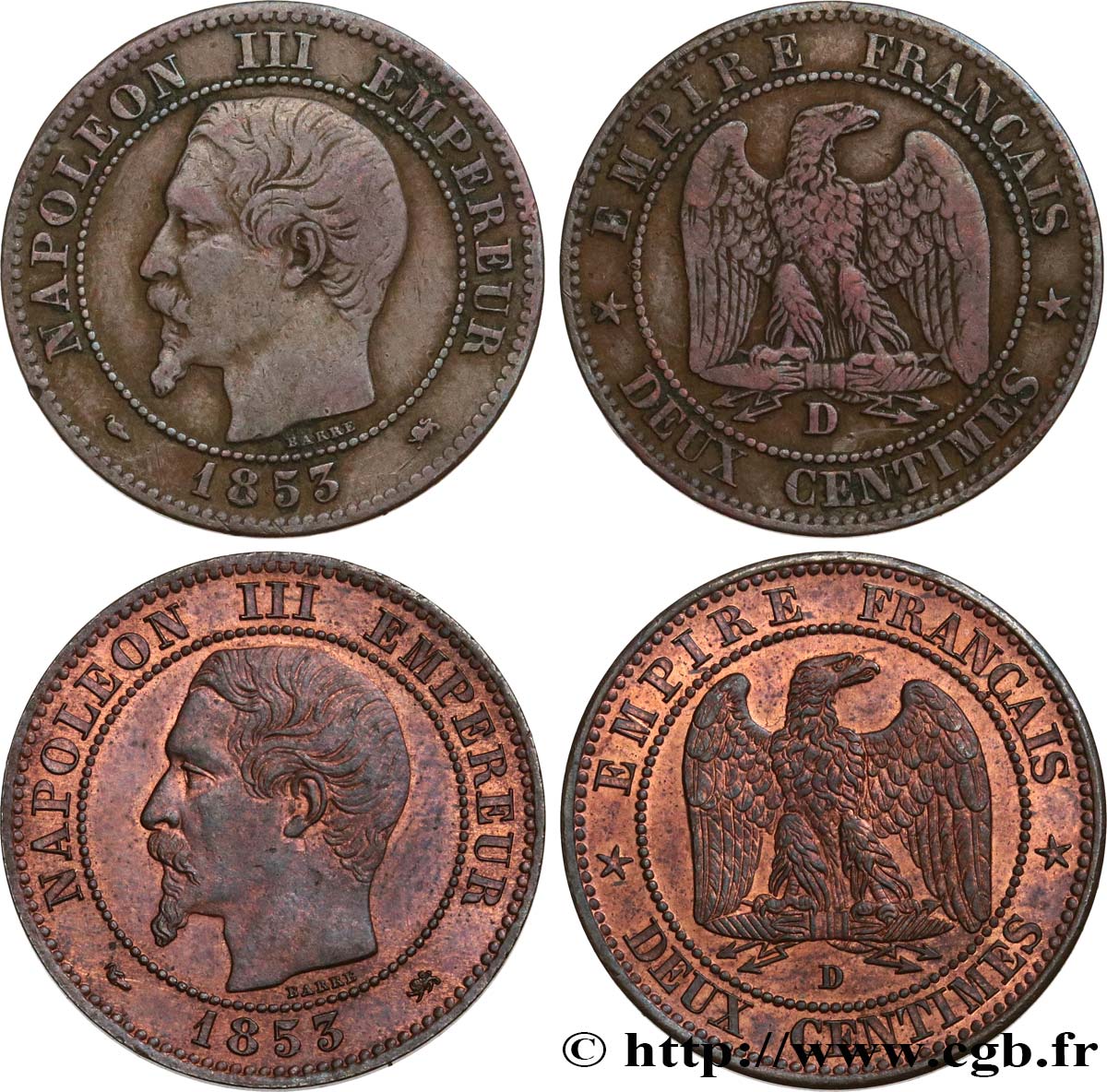 Lot de 2 pièces de Deux centimes Napoléon III, tête nue, grand et petit D 1853 Lyon F.107/4 TB/SUP 