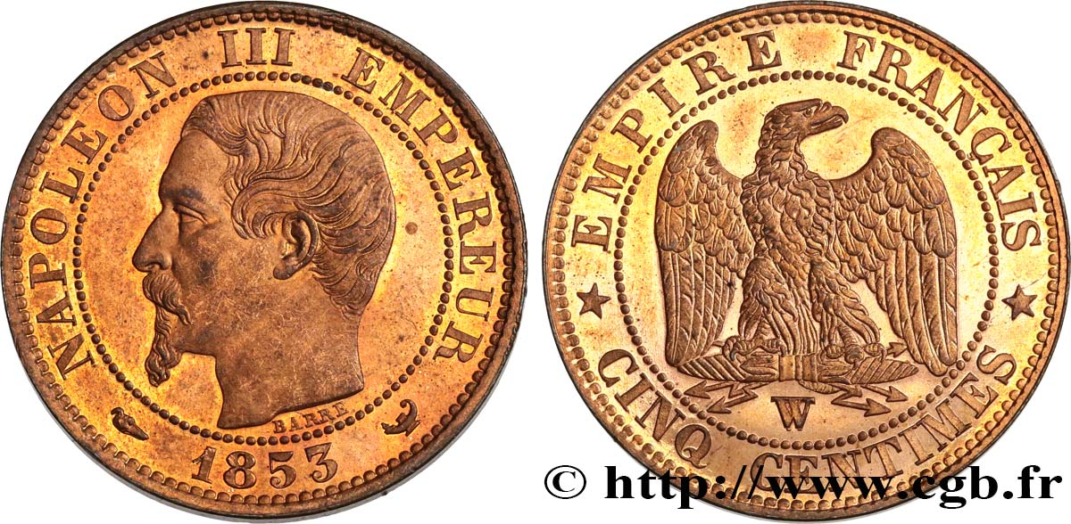 Cinq centimes Napoléon III, tête nue 1853 Lille F.116/7 SC63 