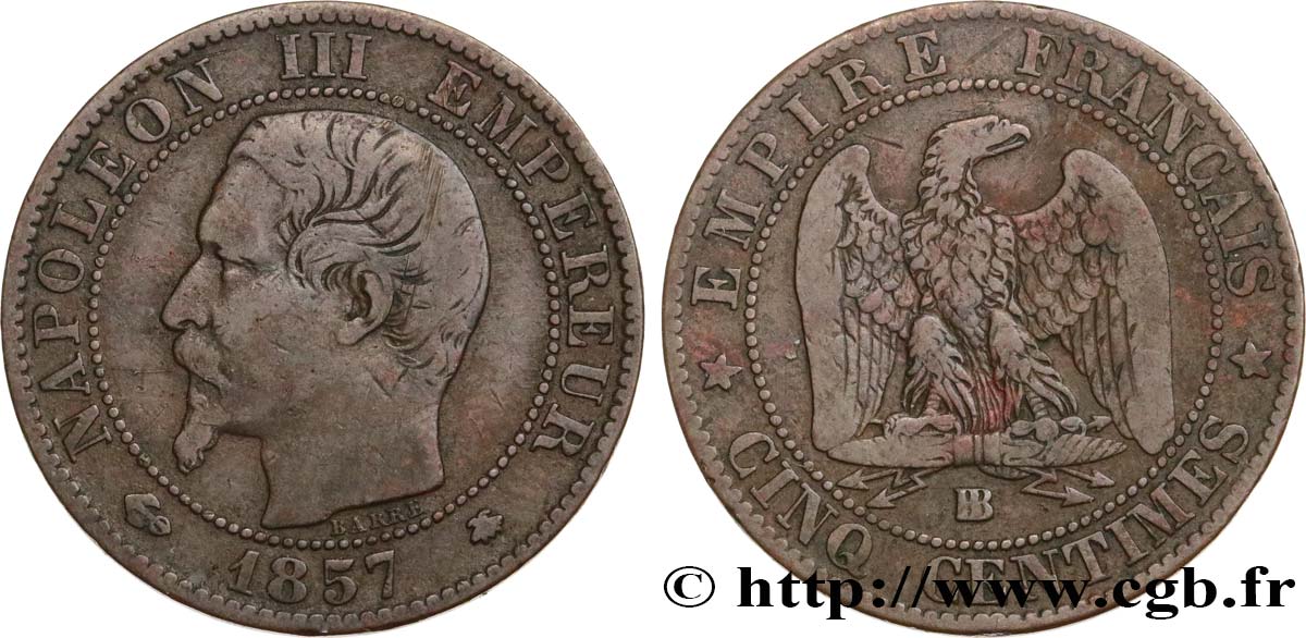 Cinq centimes Napoléon III, tête nue 1857 Strasbourg F.116/39 TB20 