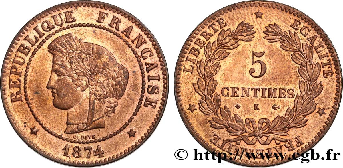5 centimes Cérès 1874 Bordeaux F.118/10 MS61 