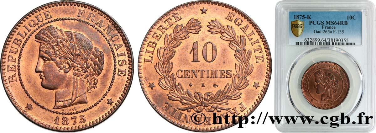10 centimes Cérès 1875 Bordeaux F.135/15 SC64 PCGS