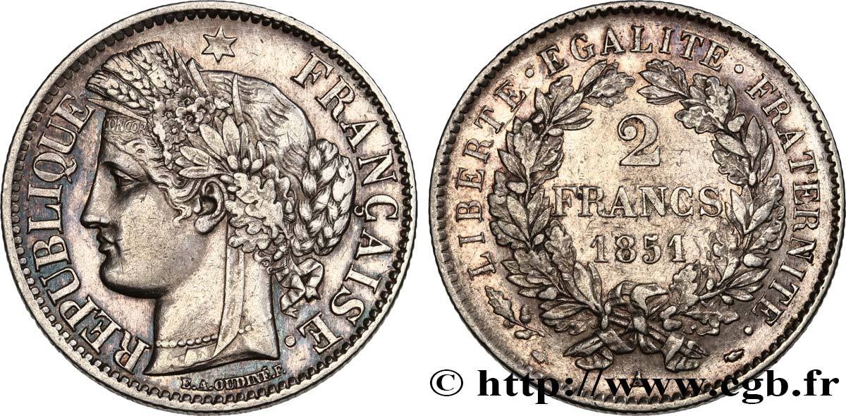 2 francs Cérès, IIe République 1851  Paris F.261/7 AU50 