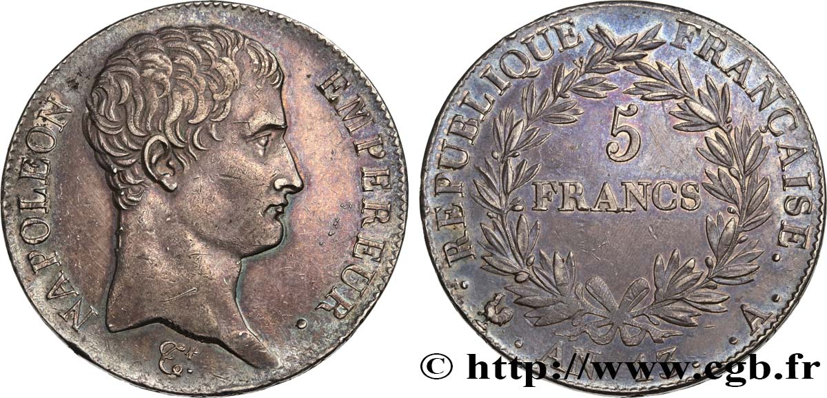 5 francs Napoléon Empereur, Calendrier révolutionnaire 1805 Paris F.303/2 var. AU52 
