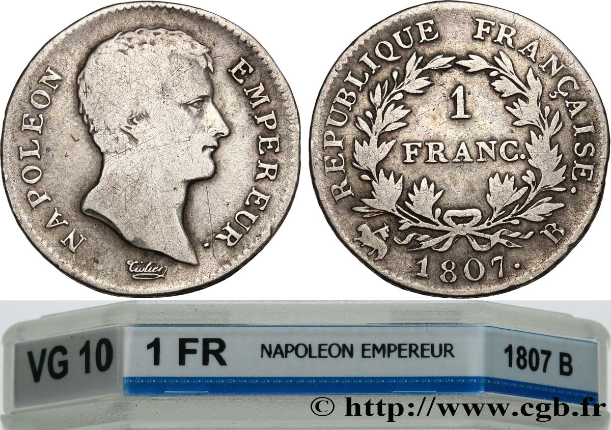 1 franc Napoléon Empereur, Calendrier grégorien 1807 Rouen F.202/10 VG10 GENI