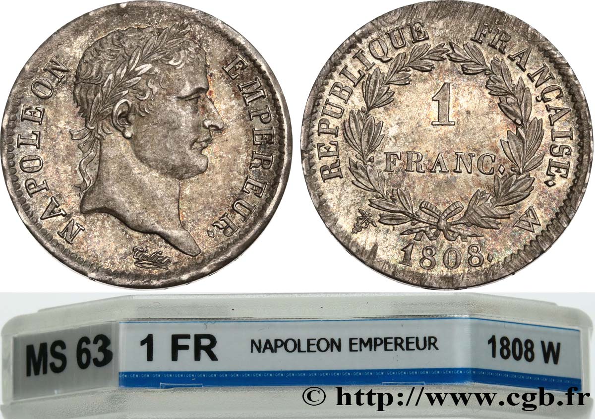 1 franc Napoléon Ier tête laurée, République française 1808 Lille F.204/15 MS63 GENI