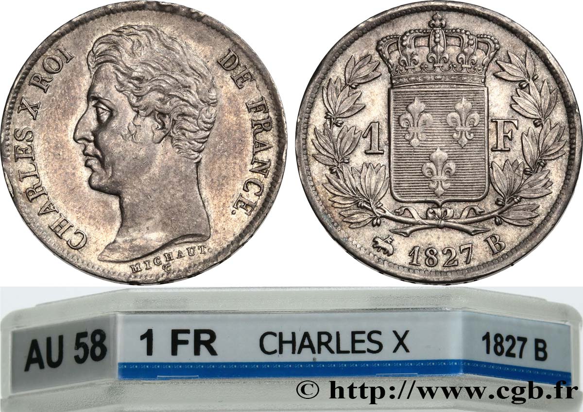 1 franc Charles X, matrice du revers à cinq feuilles 1827 Rouen F.207/26 AU58 GENI