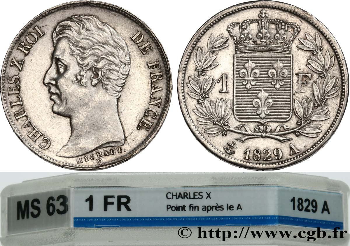 1 franc Charles X, matrice du revers à cinq feuilles 1829 Paris F.207/50 SC63 GENI