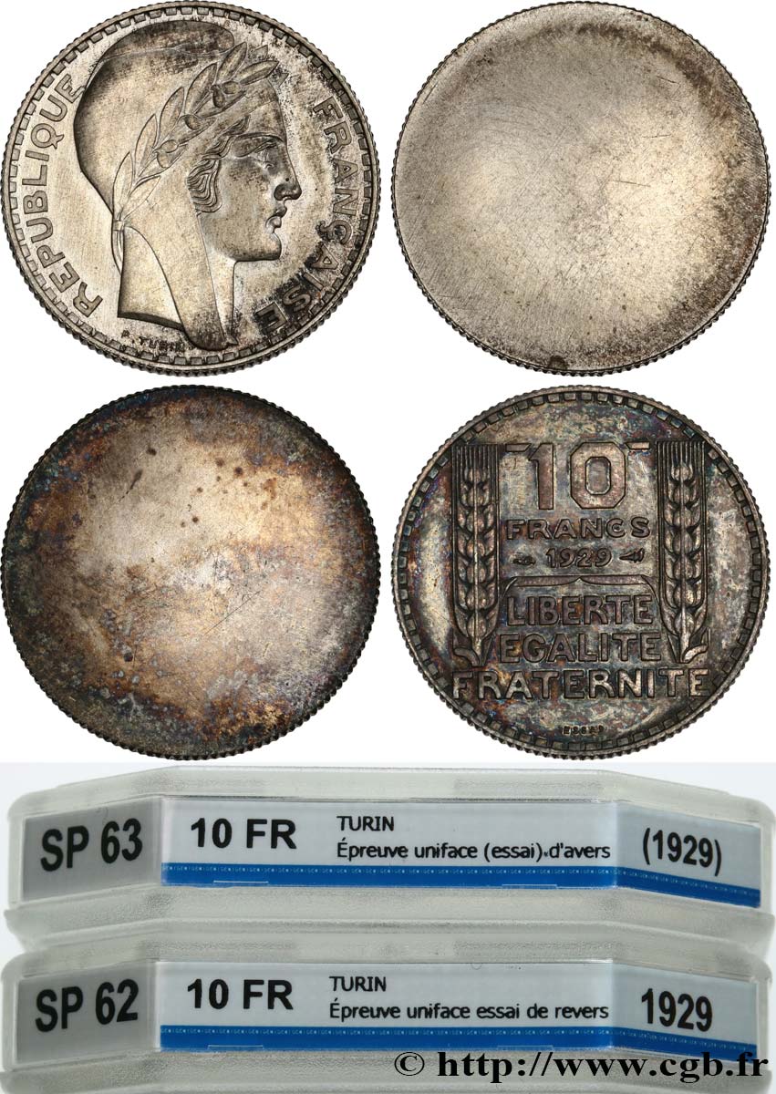 Paire d’Essais unifaces de 10 francs Turin, avers et revers 1929 Paris GEM.173 1 SPL/SUP63/SP62 GENI