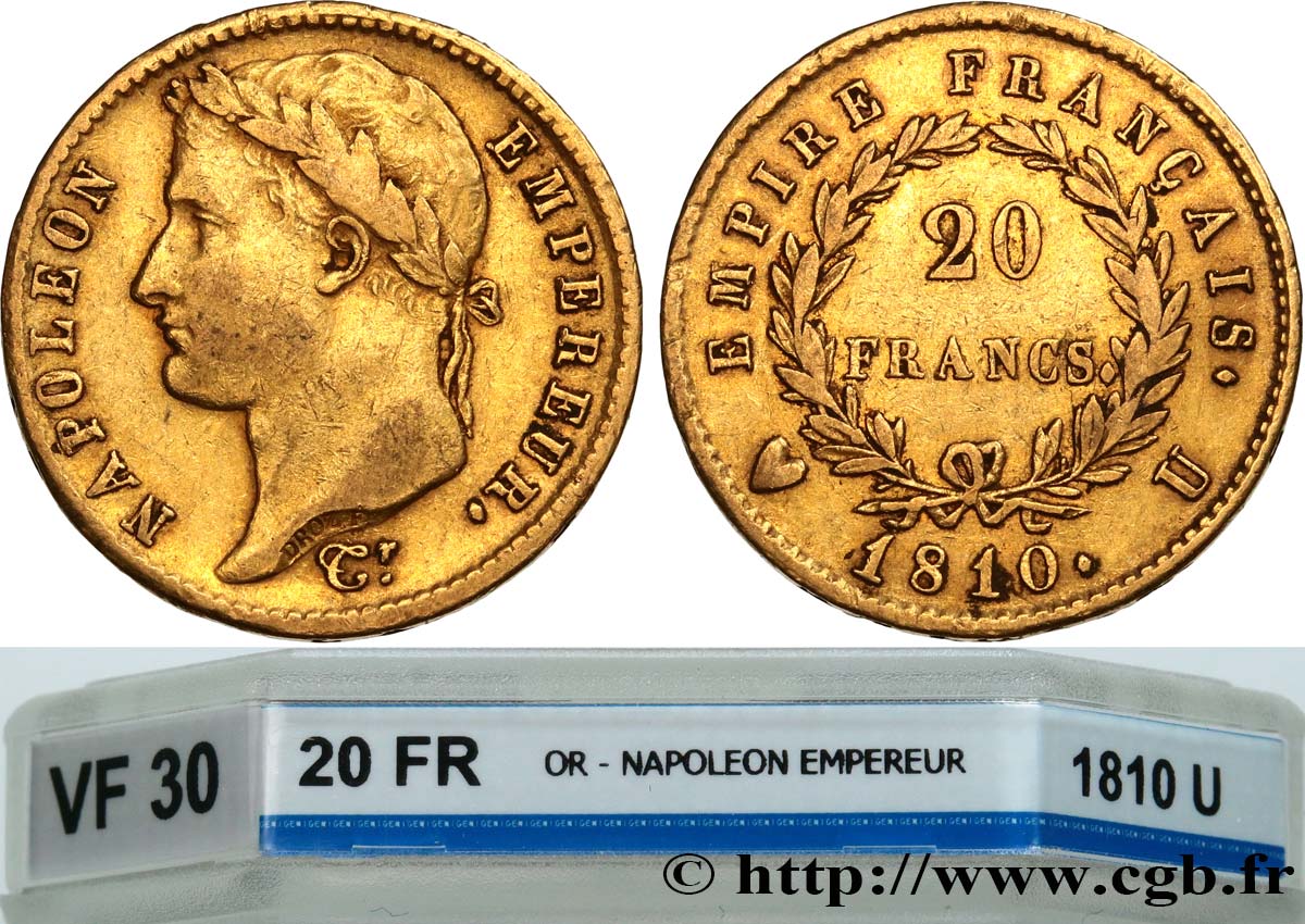 20 francs or Napoléon tête laurée, Empire français 1810 Turin F.516/14 TB30 GENI