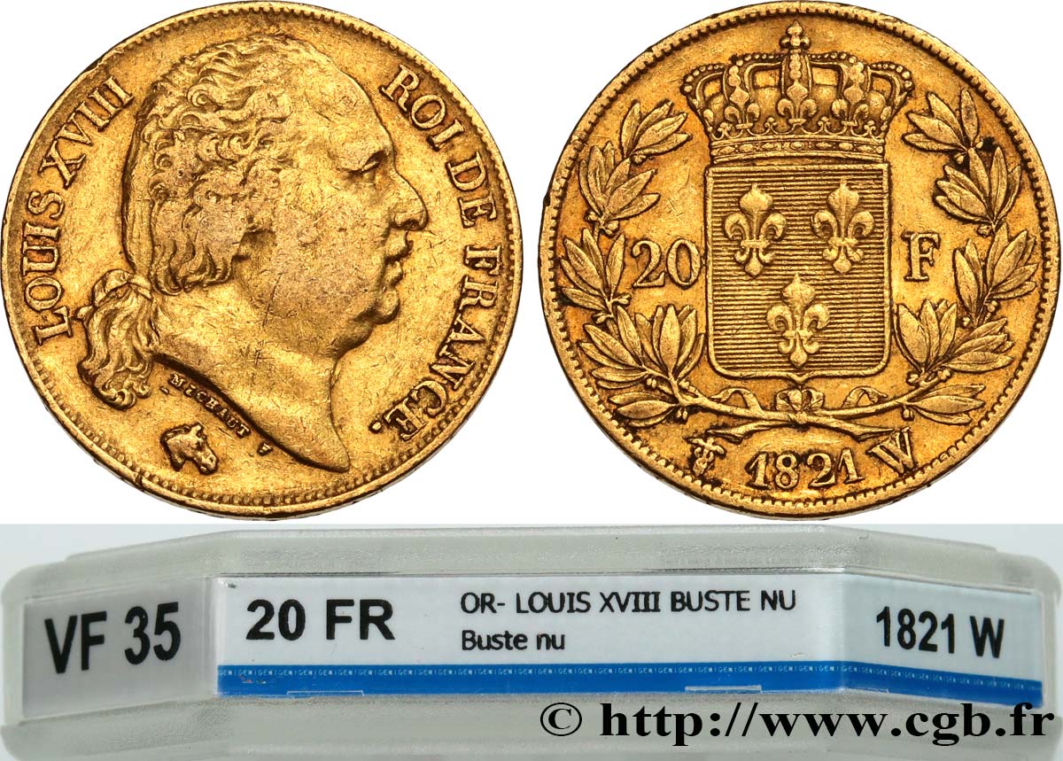 20 francs or Louis XVIII, tête nue 1821 Lille F.519/25 TB35 GENI