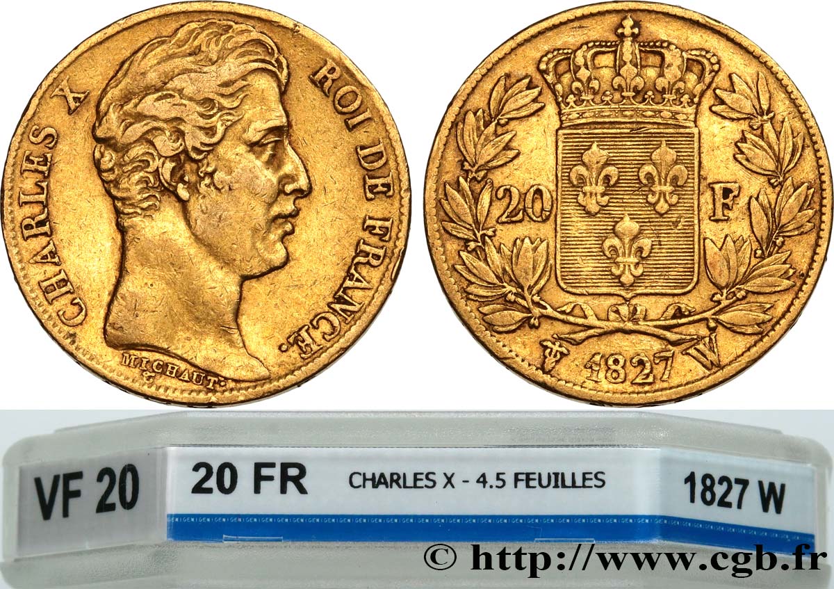 20 francs or Charles X 1827 Lille F.520/7 MB20 GENI