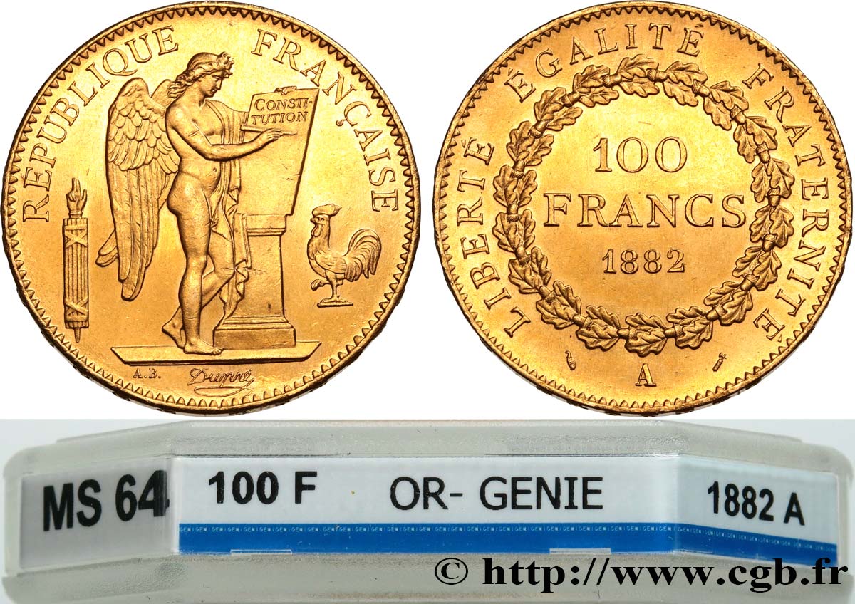 100 francs or Génie, tranche inscrite en relief Dieu protège la France 1882 Paris F.552/5 SPL64 GENI