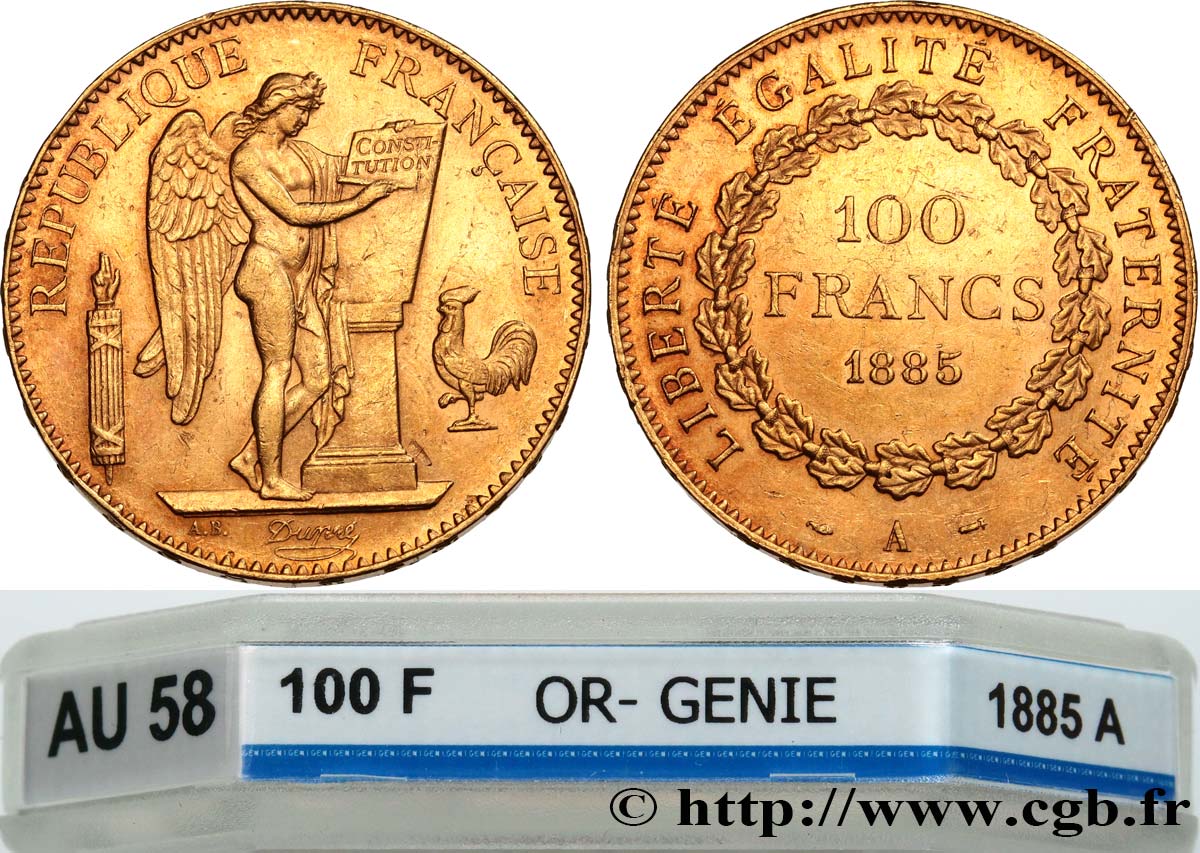 100 francs or Génie, tranche inscrite en relief Dieu protège la France 1885 Paris F.552/6 SUP58 GENI