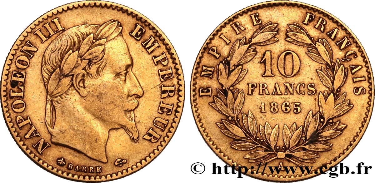 10 francs or Napoléon III, tête laurée 1865 Paris F.507A/9 MB30 