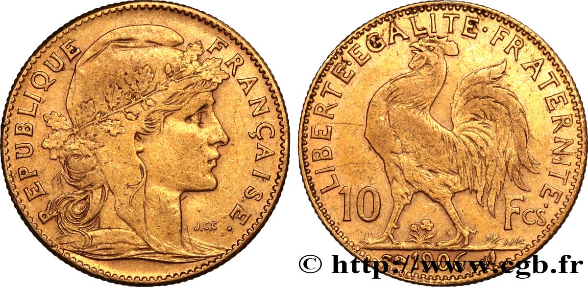 10 francs or Coq 1906 Paris F.509/7 MBC50 