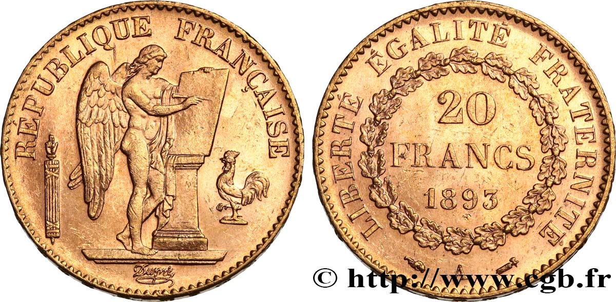 20 francs génie, Troisième république 1893 Paris F.533/17 SUP61 