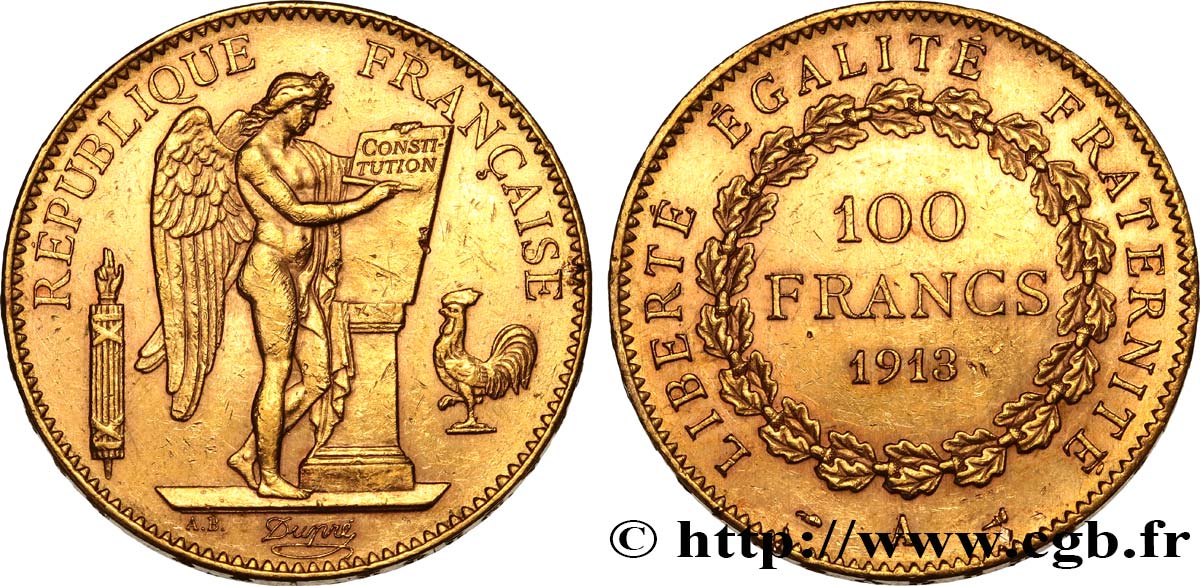 100 francs or Génie, tranche inscrite en relief Liberté Égalité Fraternité 1913 Paris F.553/7 SPL 