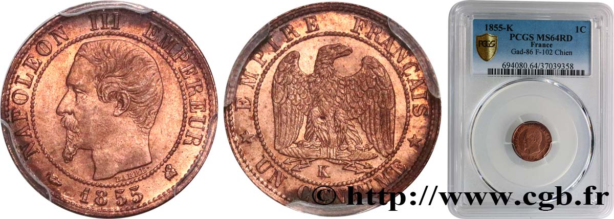 Un centime Napoléon III, tête nue 1855 Bordeaux F.102/22 SC64 PCGS