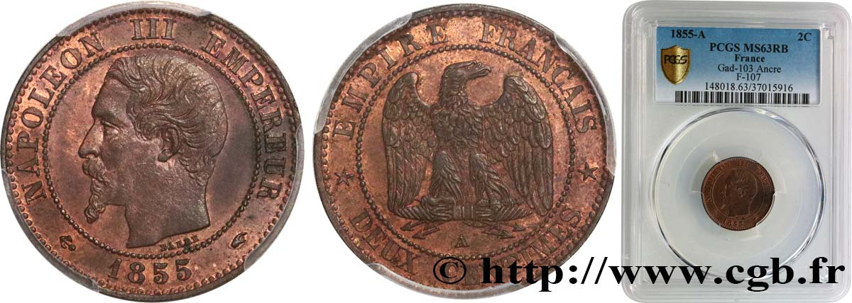 Deux centimes Napoléon III, tête nue 1855 Paris F.107/20 MS63 PCGS