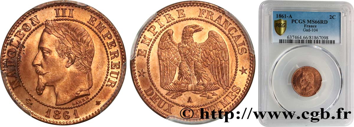Deux centimes Napoléon III, tête laurée, buste définitif 1861 Paris F.108A/1 FDC66 PCGS