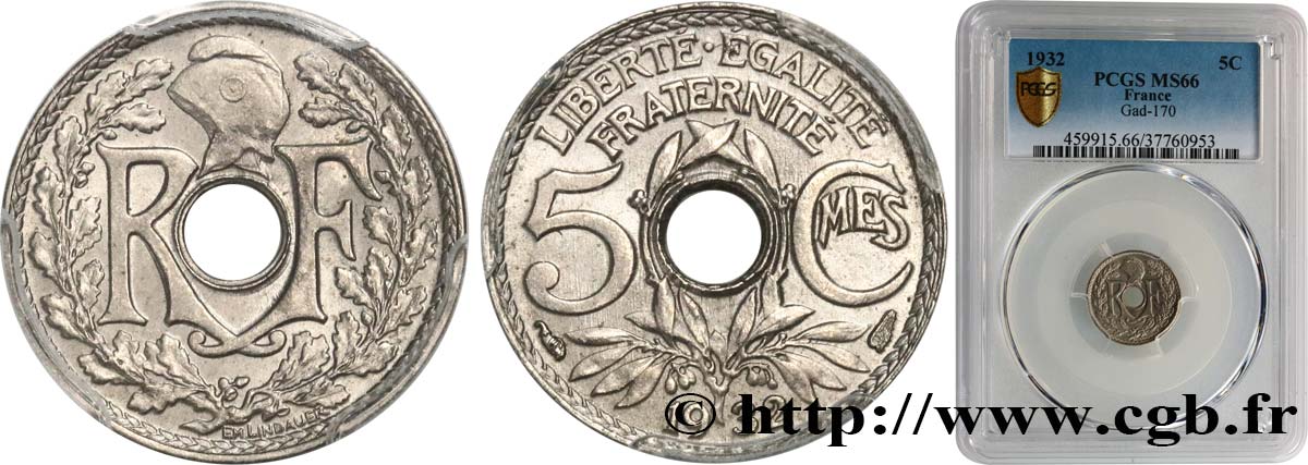 5 centimes Lindauer, petit module 1932 Paris F.122/15 MS66 PCGS