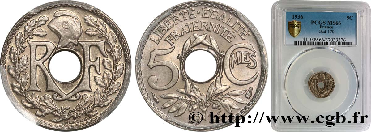 5 centimes Lindauer, petit module 1936  F.122/19 ST66 PCGS