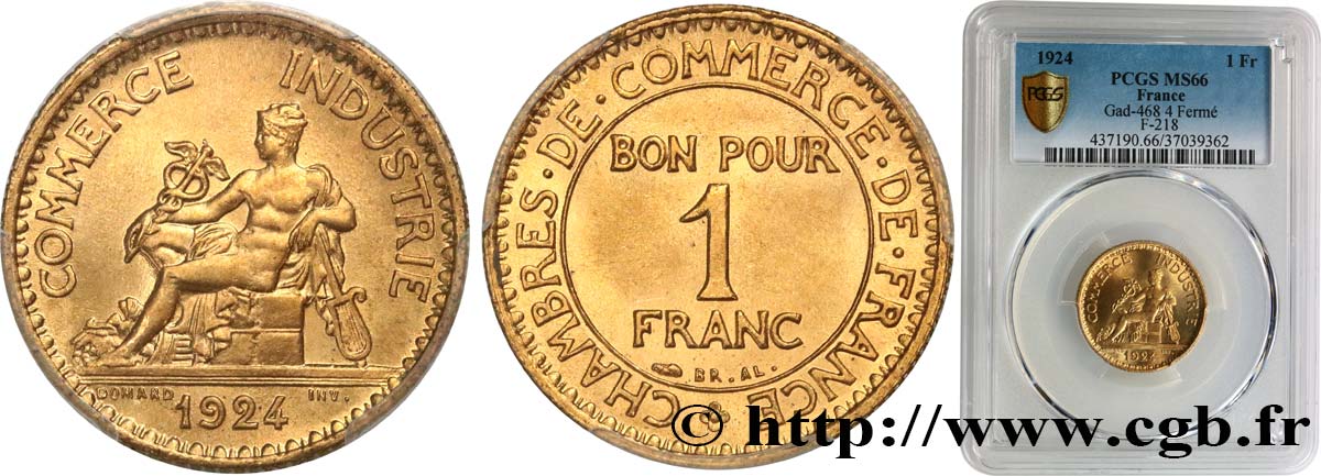 1 franc Chambres de Commerce 1924 Paris F.218/6 ST66 PCGS