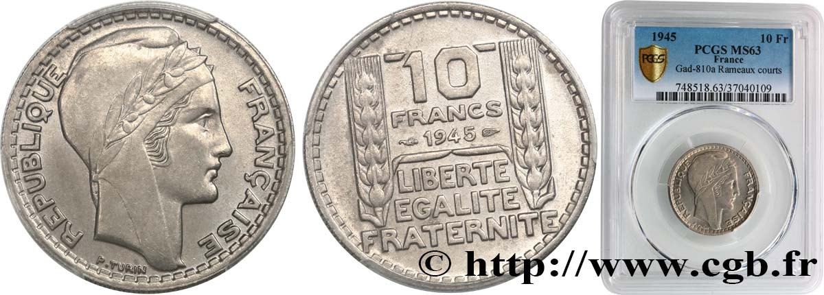 10 francs Turin, grosse tête, rameaux courts 1945  F.361A/1 fST63 PCGS