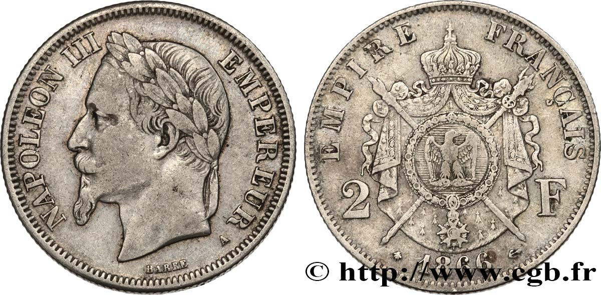2 francs Napoléon III, tête laurée 1866 Paris F.263/2 MB 