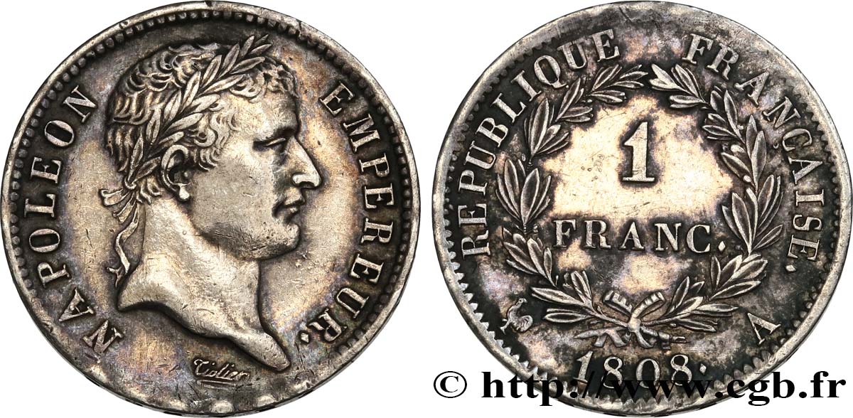 1 franc Napoléon Ier tête laurée, République française 1808 Paris F.204/2 TTB53 