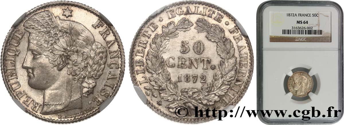 50 centimes Cérès, IIIe République 1872 Paris F.189/3 SC64 NGC