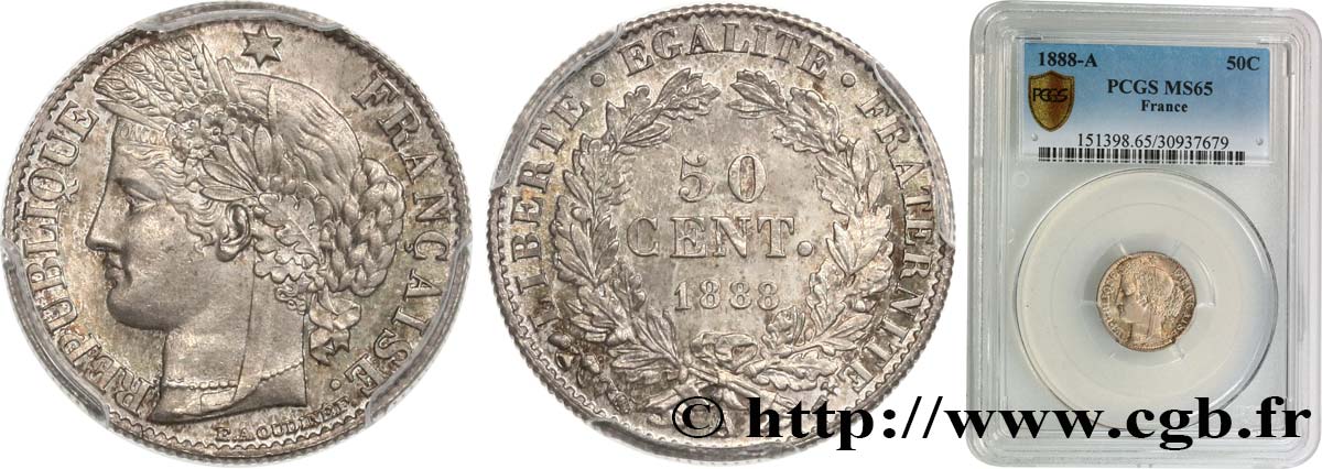50 centimes Cérès, Troisième République 1888 Paris F.189/13 ST65 PCGS