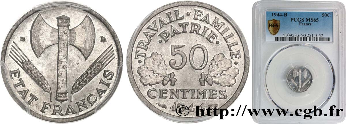50 centimes Francisque, légère 1944 Beaumont-Le-Roger F.196/5 MS65 PCGS