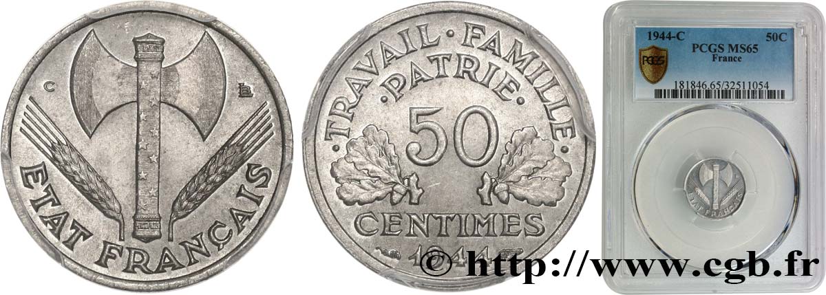 50 centimes Francisque, légère 1944 Castelsarrasin F.196/5 FDC65 PCGS