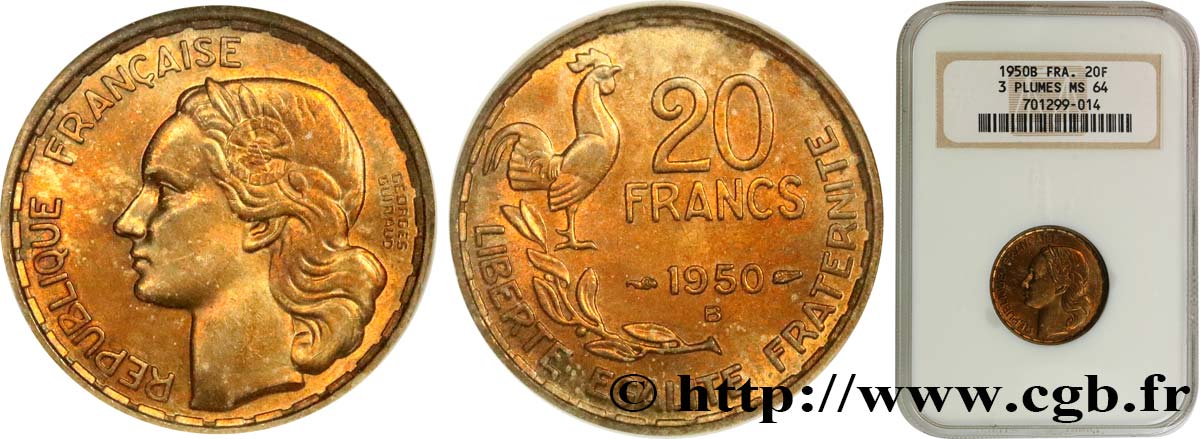 20 francs Georges Guiraud, 3 faucilles 1950 Beaumont-Le-Roger F.401/2 SPL64 NGC