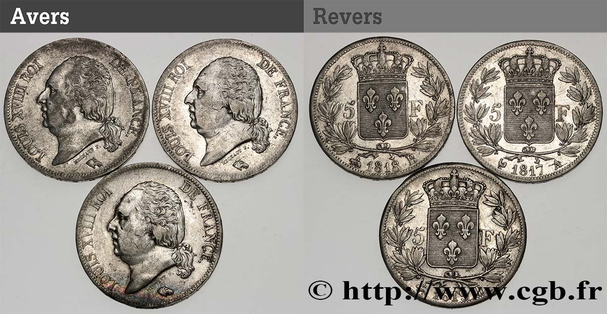 Lot de trois pièces de 5 francs Louis XVIII, tête nue n.d. s.l. F.309/14 fSS/SS 