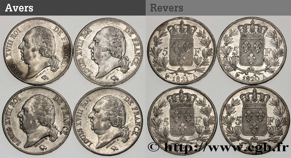 Lot de quatre pièces de 5 francs Louis XVIII, tête nue n.d. Paris F.309/49 TTB/TTB+ 