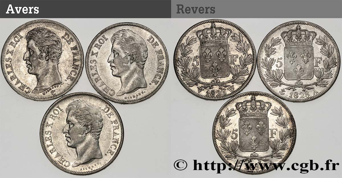 Lot de trois pièces de 5 francs Charles X n.d. s.l. F.310/27 BC/MBC 