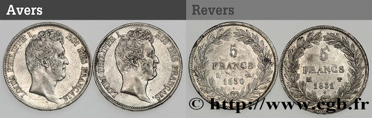 Lot de deux pièces de 5 francs type Tiolier avec le I, tranche en creux n.d. s.l. F.315/2 TTB48 